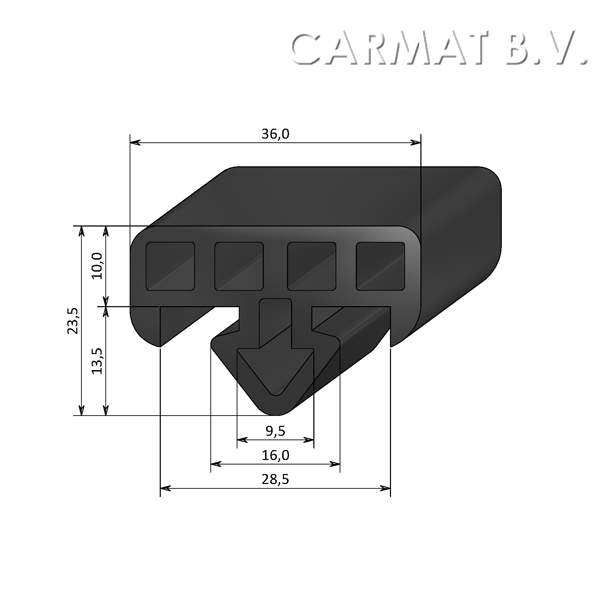 Glass truck rubber profile 70 Sh Black