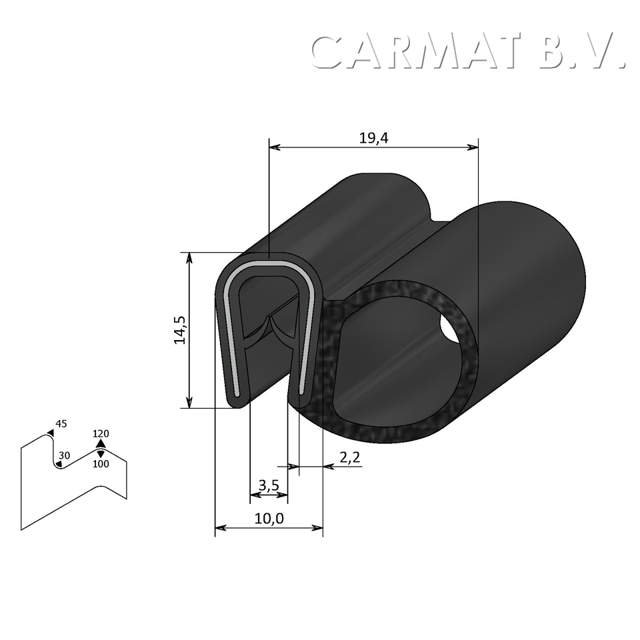 Sealing section PVC/rubber 1-4 MM side bulb S.U./50M