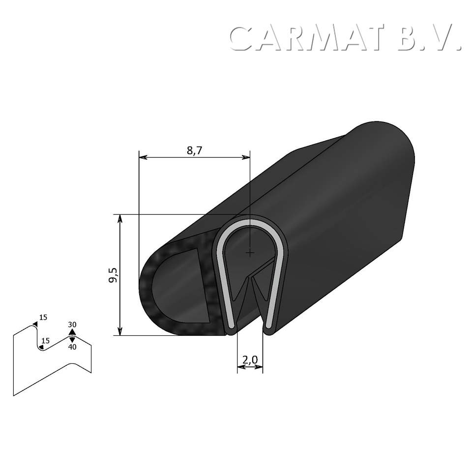 Sealing section PVC/rubber 1-2 MM side bulb S.U./100M