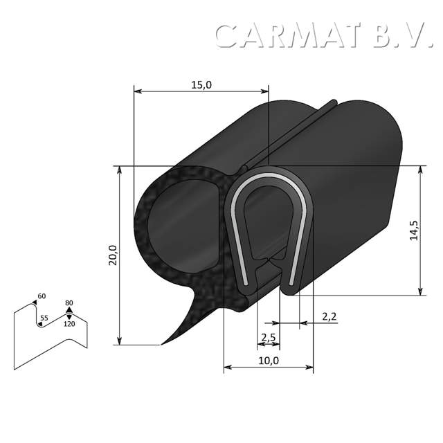 Sealing section PVC/rubber 1-4 MM side bulb S.U./50M