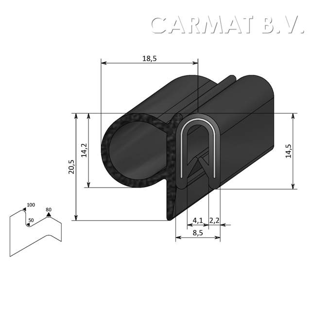 Sealing section PVC/rubber 1-4 MM side bulb S.U./50M