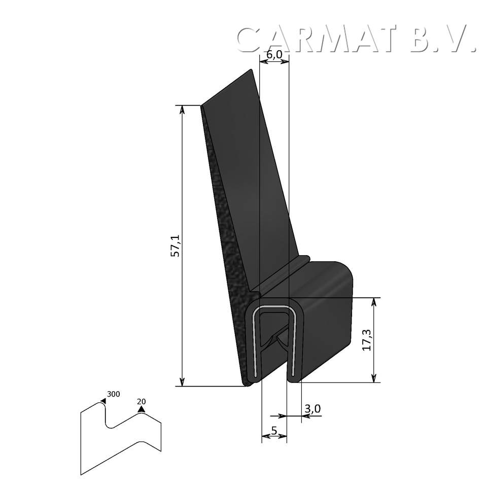 Sealing section PVC/rubber 2-4MM sealing lip on top S.U./25M