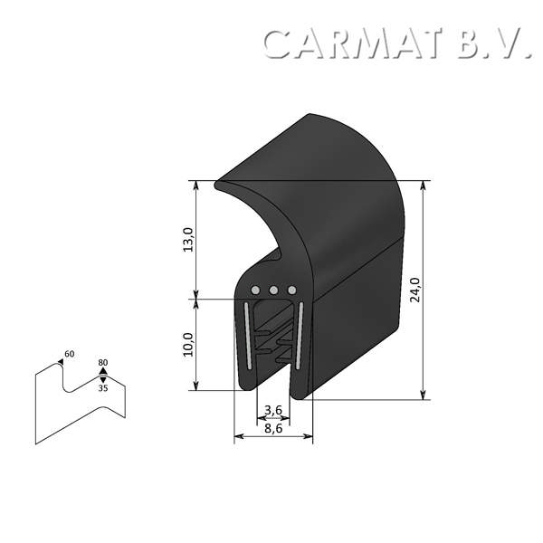 Sealing section rubber 1-3 MM sealing lip on top S.U./50M