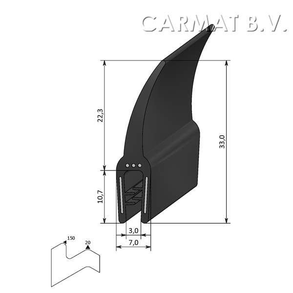 Sealing section rubber 1-2 MM sealing lip on top S.U./50M