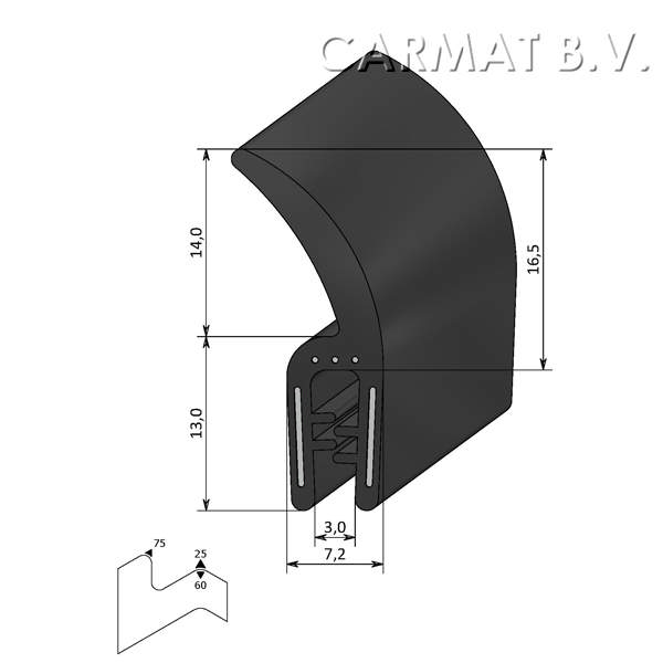 Sealing section rubber 1-3 MM sealing lip on top S.U./50M
