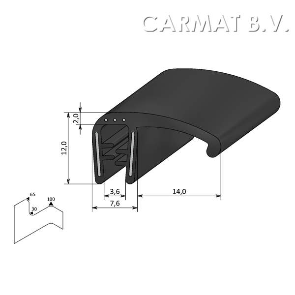 Sealing section rubber 1-3 MM sealing lip on side S.U./50M