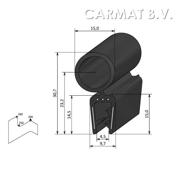 Sealing section rubber 1-3 MM top bulb S.U./50M