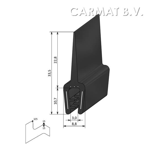 Sealing section rubber 1-3 MM sealing lip on top S.U./50M