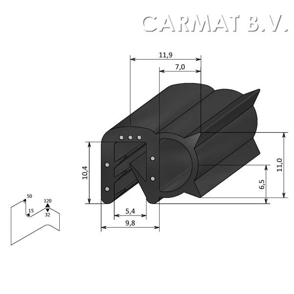 Sealing section rubber 1-3 MM bulb on side S.U./20M