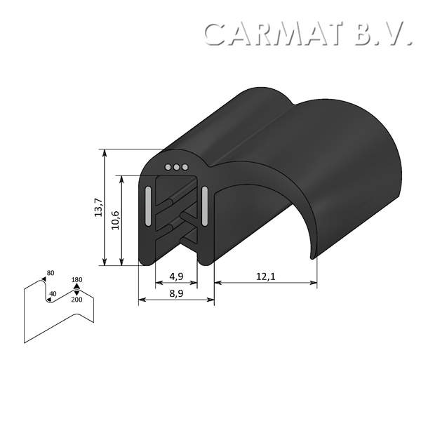 Sealing section rubber 1-3 MM sealing lip on side S.U./50M