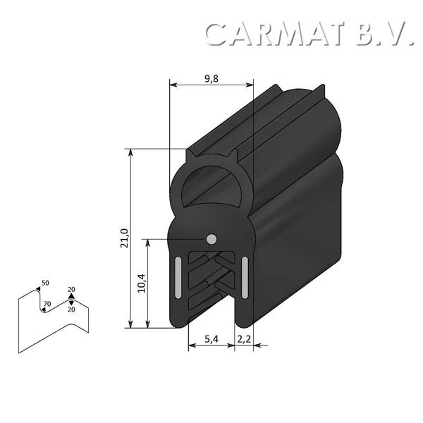 Sealing section rubber 1-3 MM top bulb S.U./50M