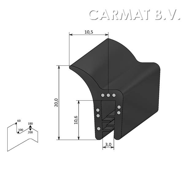 Sealing section rubber 1-3 MM sealing lip on side S.U./50M