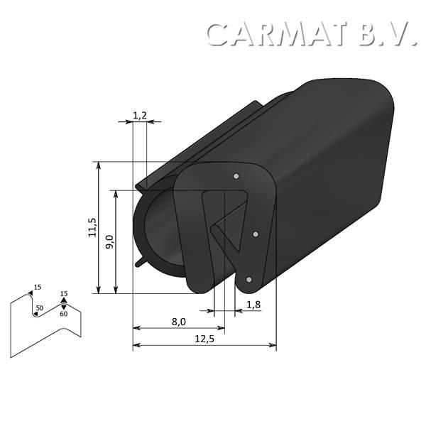Sealing section rubber 1-2 MM side bulb S.U./100M
