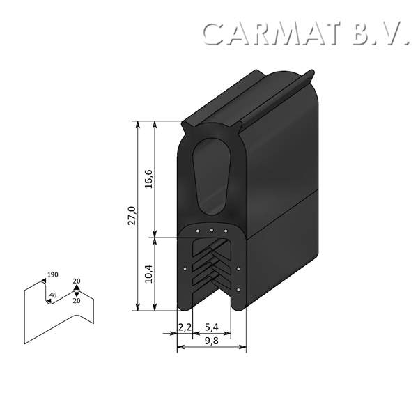 Sealing section rubber 1-3 MM top bulb S.U./50M