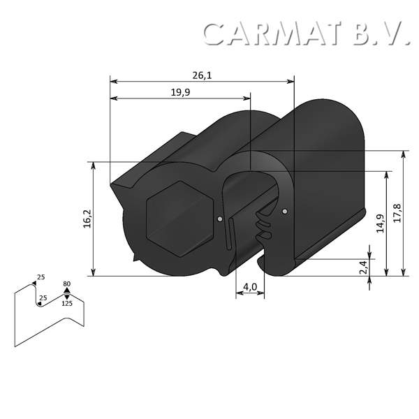 Sealing section rubber 1-3 MM side bulb S.U./50M