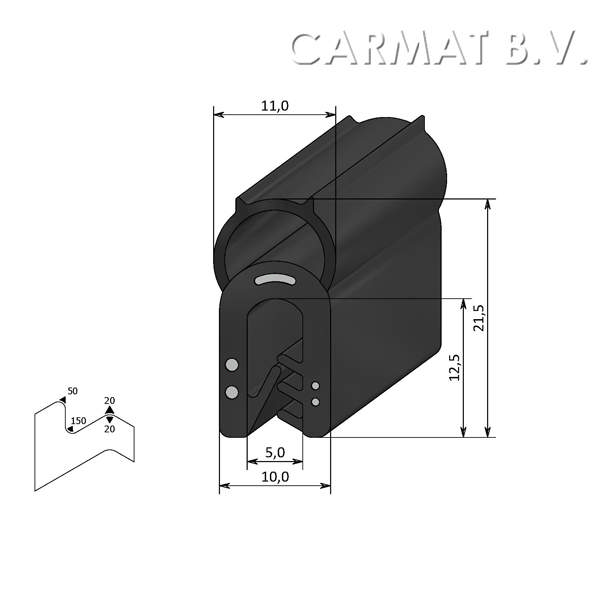 Sealing section rubber 1-3 MM top bulb S.U./50M