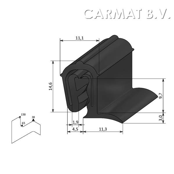 Sealing section rubber 1-2,5 MM sealing lip on side S.U./50M