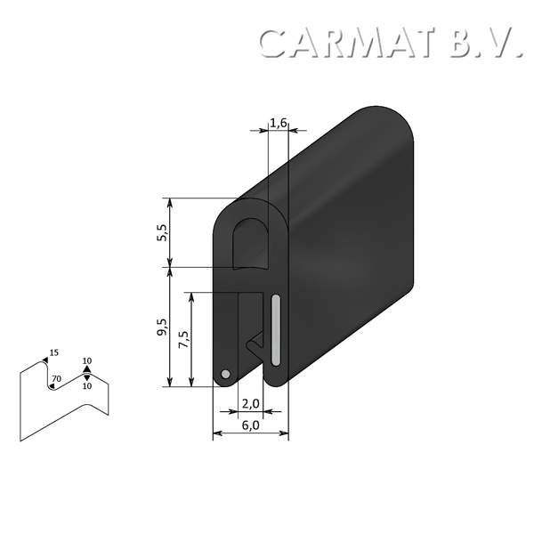 Sealing section rubber 1-2 MM bulb on top S.U./20M